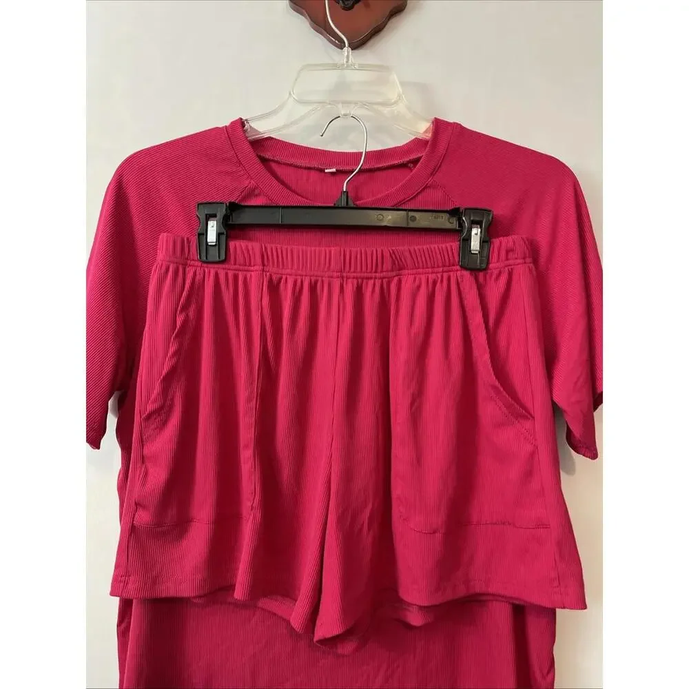Womens Large Pink Ribbed Shirt & Shorts Comfy Pull-On Stretchy Lounge Set! A893 - Picture 3 of 10
